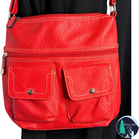 SOLD Treviso Red Faux Leather Crossbody Shoulder Bag Pebbled Adjustable Strap - Picture 2 of 15